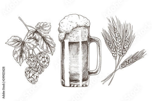 Hop Wheat and Frothy Beer in Glossy Glass Goblet Poster Mural XXL