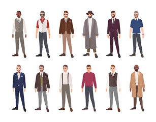 Wall Mural - Collection of handsome men dressed in elegant clothes isolated on white background. Bundle of young men wearing stylish apparel. Collection of evening and formal outfits. Flat vector illustration.