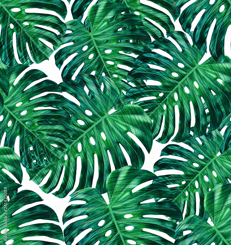 Tropical leaf design featuring green monstera plant leaves on a white background. Seamless vector repeating pattern.  - obrazy, fototapety, plakaty 