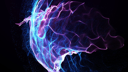 Wall Mural - imitation an abstract wave on dark background. network design with particle. big data. abstract brig