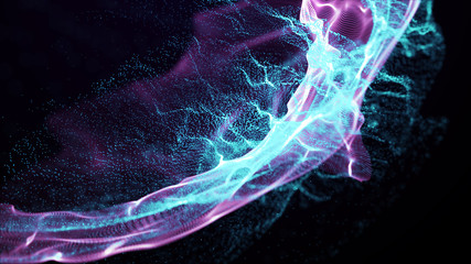 Wall Mural - Imitation an abstract wave on dark background. Network Design with Particle. Big data. Abstract bright shine in black space. 3D rendering .