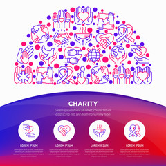 Wall Mural - Charity concept in half circle with thin line icons: donation, save world, reunion, humanitarian aid, ribbon, medical support, charity to disabled people. Vector illustration, web page template.