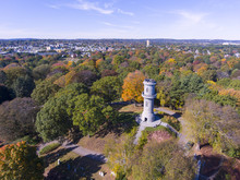 Washington Tower In Mount Auburn Cemetery In Fall, Watertown, Greater Boston Area, Massachusetts, USA.
