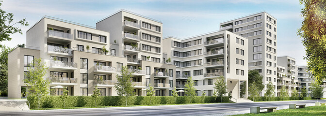 Street with modern apartment buildings in the city