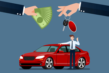 The car dealer's hand make an exchange between the car and the customer's money. Vector illustration design.