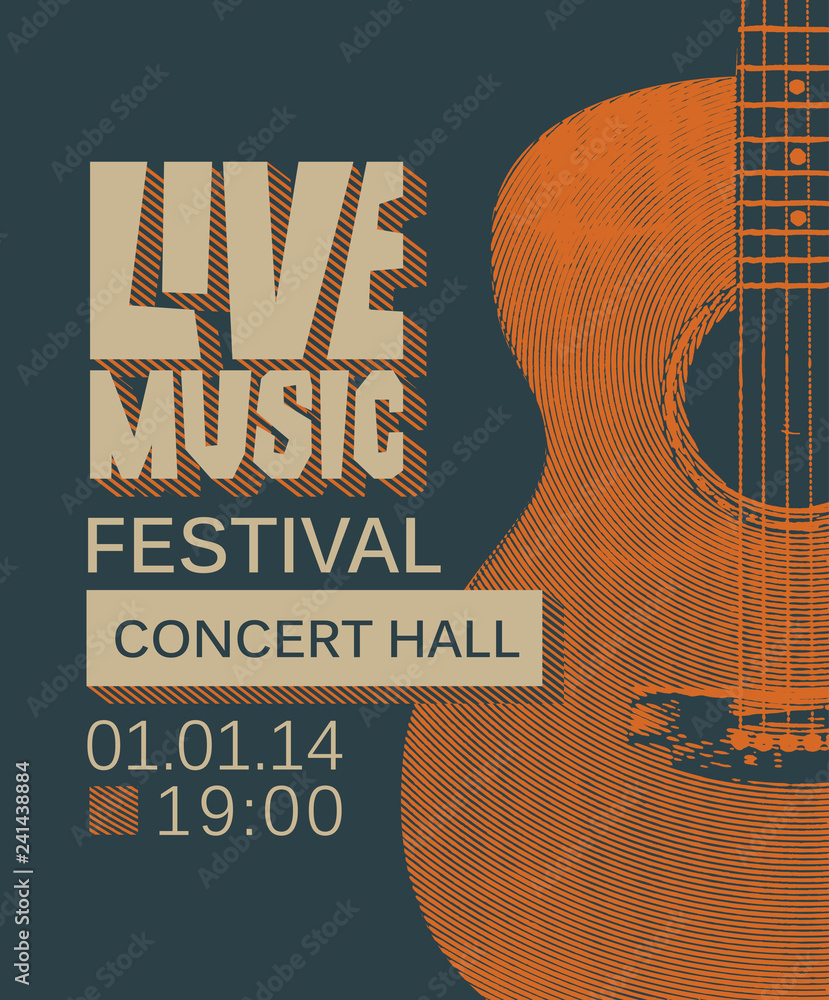 Vector banner or poster for live music festival with guitar in retro style on the dark background - obrazy, fototapety, plakaty 