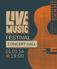 Wall Mural - Vector banner or poster for live music festival with guitar in retro style on the dark background