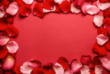 Love Romantic Background. Frame Of Rose Petals On A Red Background