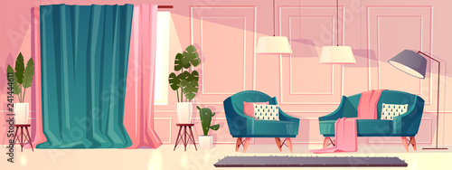 Vector Cartoon Illustration Of Luxury Living Room In Pink