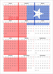 Calendario 2019 en español, con diseño de bandera de Chile. 