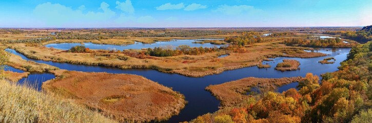 Panorama of Vorskla river delta at autumn