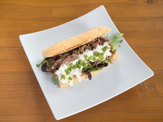 Wall Mural - Mediterranean style beef gyro sandwich with creamy Greek sauce and arugula.