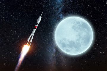 Wall Mural - the rocket flies in space against the backdrop of the moon. the concept of space exploration, satell