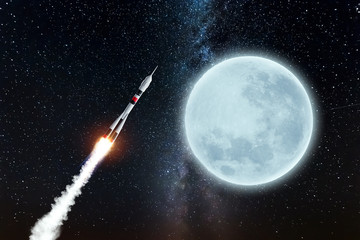 Wall Mural - the rocket flies in space against the backdrop of the moon. the concept of space exploration, satell