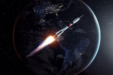 Wall Mural - the rocket flies in space against the backdrop of the earth. the concept of space exploration, satel
