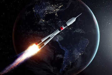 Wall Mural - the rocket flies in space against the backdrop of the earth. the concept of space exploration, satel