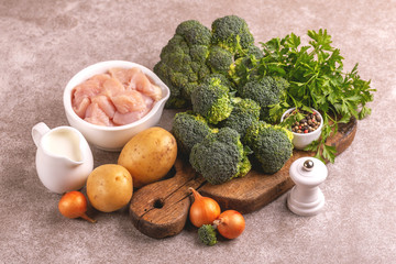 Wall Mural - Fresh ingredients for tasty pureed broccoli soup. Healty food