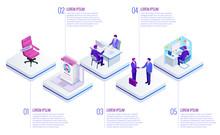 Isometric Online Job Search And Human Resource Concept. Infographics Of Business Data Visualization. Process Chart. Job Interview, Recruitment Agency Vector Illustration
