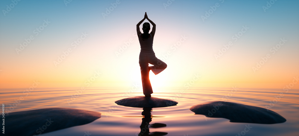 Yoga auf Steinen im Sonnenuntergang am Meer - obrazy, fototapety, plakaty 