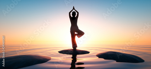 Yoga auf Steinen im Sonnenuntergang am Meer