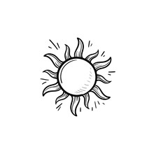 Shining Sun Hand Drawn Outline Doodle Icon. Summer Weather And Sunlight, Heat And Sunshine Concept. Vector Sketch Illustration For Print, Web, Mobile And Infographics On White Background.