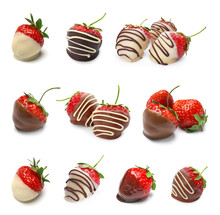 Set With Chocolate Covered Strawberries On White Background