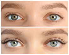 Young Woman Before And After Eyelash Extension Procedure, Closeup