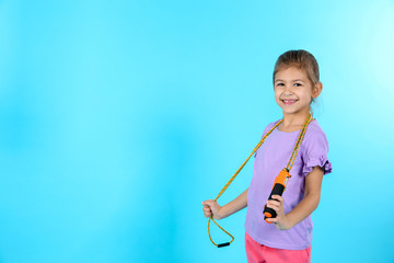 Sticker - Cute girl with jump rope on color background. Space for text