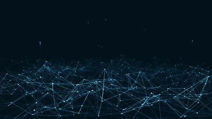 Abstract plexus geometrical shapes.Connection and web concept.digital,communication and technology network background with moving lines and dots and float particles, digits 0 and 1 as binary code.
