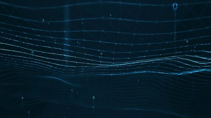 Abstract plexus geometrical shapes.Connection and web concept.digital,communication and technology network background with moving lines and dots and float particles, digits 0 and 1 as binary code.