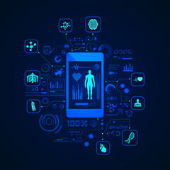 Wall Mural - concept of e-health or telemedicine, graphic of health care application on device with medical icons