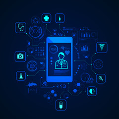 Wall Mural - concept of e-health or telemedicine, graphic of a doctor on health care application with medical ico