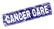 CANCER CARE stamp seal print with distress style. Seal shape is a rounded rectangle with frame. Blue vector rubber print of CANCER CARE tag with scratched style.