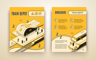 Railway transport company isometric vector advertising brochure, promotional leaflet or annual report pages template with high-speed passenger locomotive stopped in modern train depot illustration