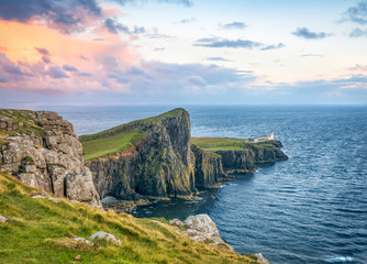 Canvas Print - View of Neist Point lighthouse at sunset. Isle of Skye, Scottish Highlands.