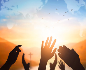 Wall Mural - World Religion Day Concept: Human open two empty hands  up  background