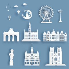 Wall Mural - Collection of Belgium famous landmarks in paper cut style vector illustration.