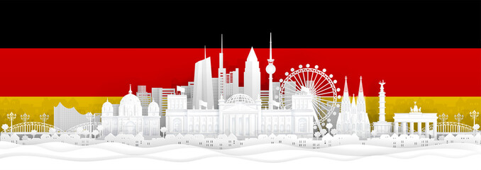 Fototapete - Germany flag and famous landmarks in paper cut style vector illustration.
