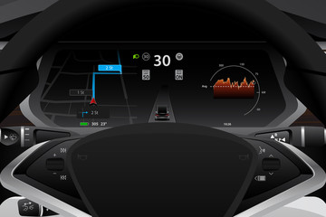 Self driving electric car dashboard display closeup. Speedometer, navigation, battery level and efficiency indicator