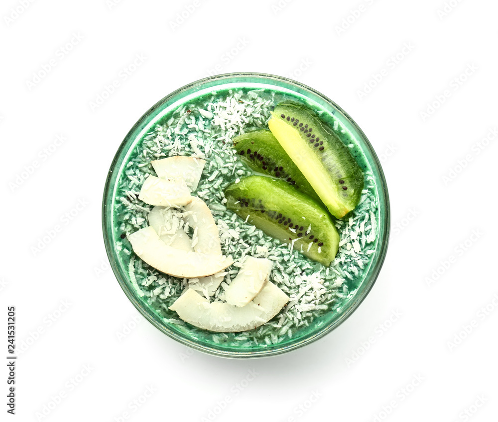 Bowl with spirulina smoothie on white background