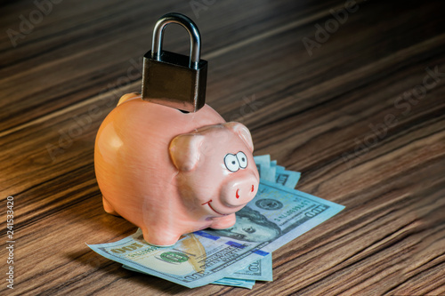 Fotografía piggy bank on which there is a closed door lock as a symbol of a locked account