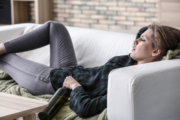 Poster - Depressed woman drinking alcohol at home