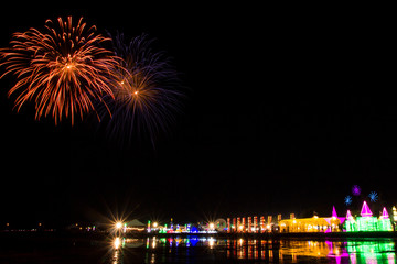 Colorful firework festival on SEA SALT & LIGHT at Phetchaburi province, Thailand.