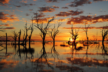sunset reflections on lake menindee outback australia