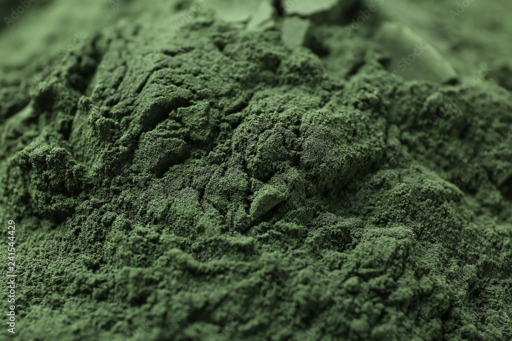 Green spirulina powder, closeup