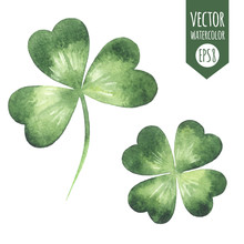 Clover Leaves Set - Quarterfoil And  Trefoil. Watercolor Realistic Shamrock Vector Spring Illustration. St. Patrick's Day Watercolour Design Element, Template For Cards, Greetings, Banners.