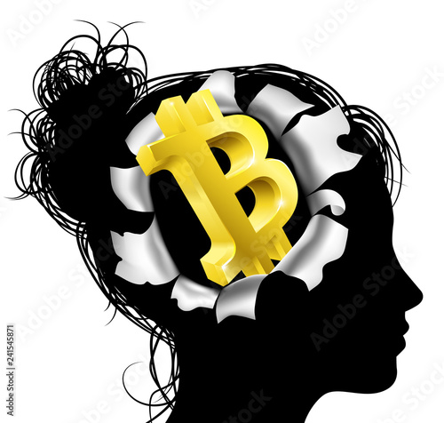A Womans Head In Silhouette With Gold Bitcoin Sign Symbol Concept - 