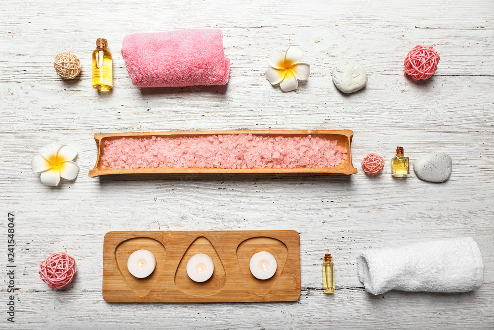 Beautiful spa composition on white wooden background