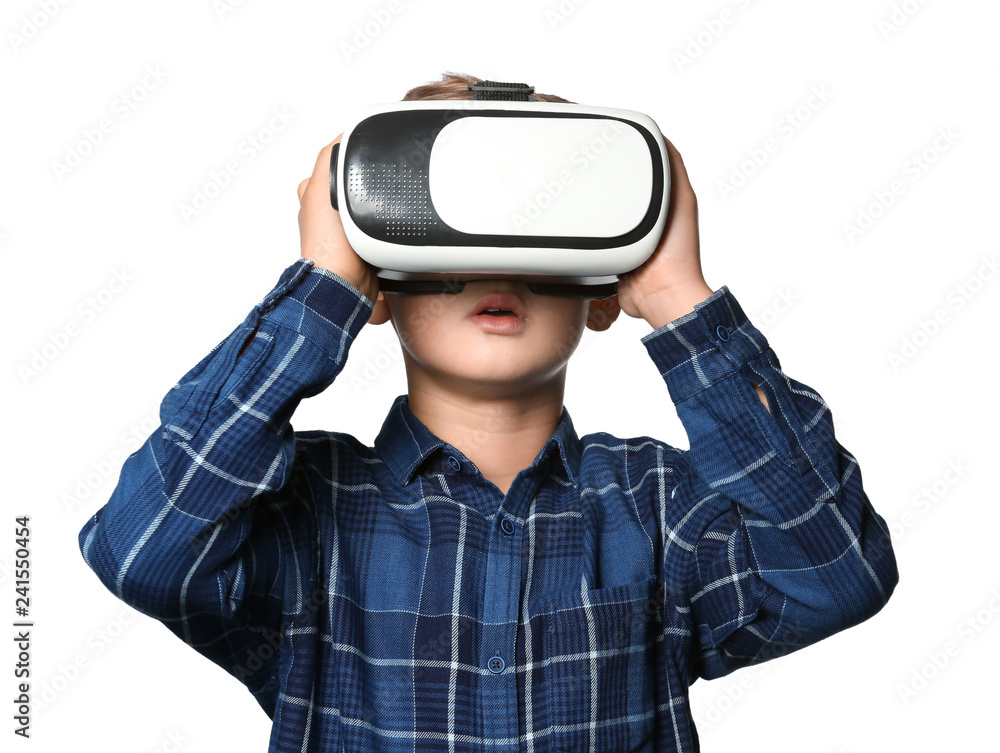 Cute boy with virtual reality glasses on white background