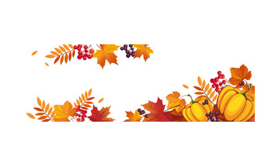 Sticker - Thanksgiving banner with pumpkins and colorful chokeberry, rowan, maple leaves, border frame with space for text vector Illustration